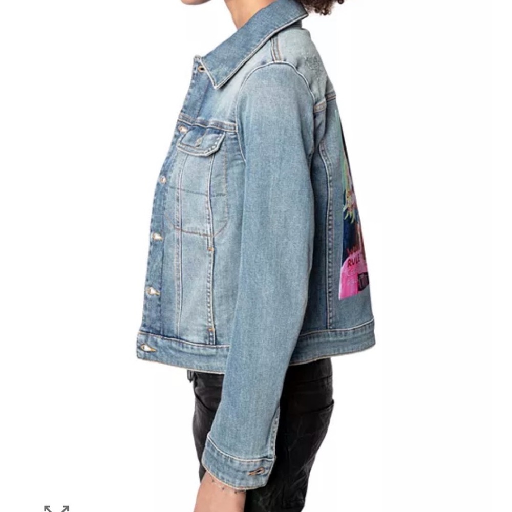 Zadig & Voltaire Kioki Denim Jacket with Colorful Band of Sisters Graphic - Picture 2 of 4